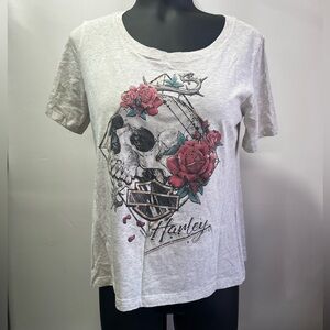 Harley-Davidson Women's Tee - Light Gray with Skull and Flower Design
